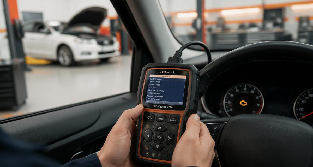 Mechanic using an OBD diagnostic scan tool inside a vehicle
