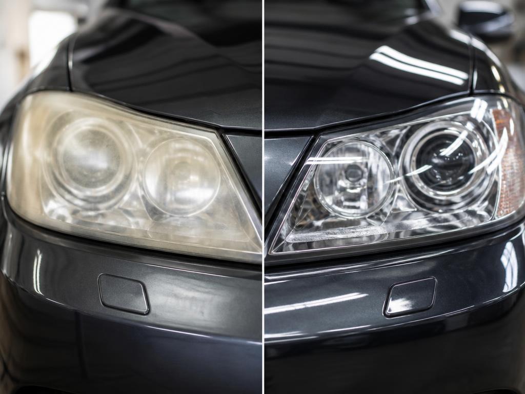 Before and after headlight restoration on a white vehicle